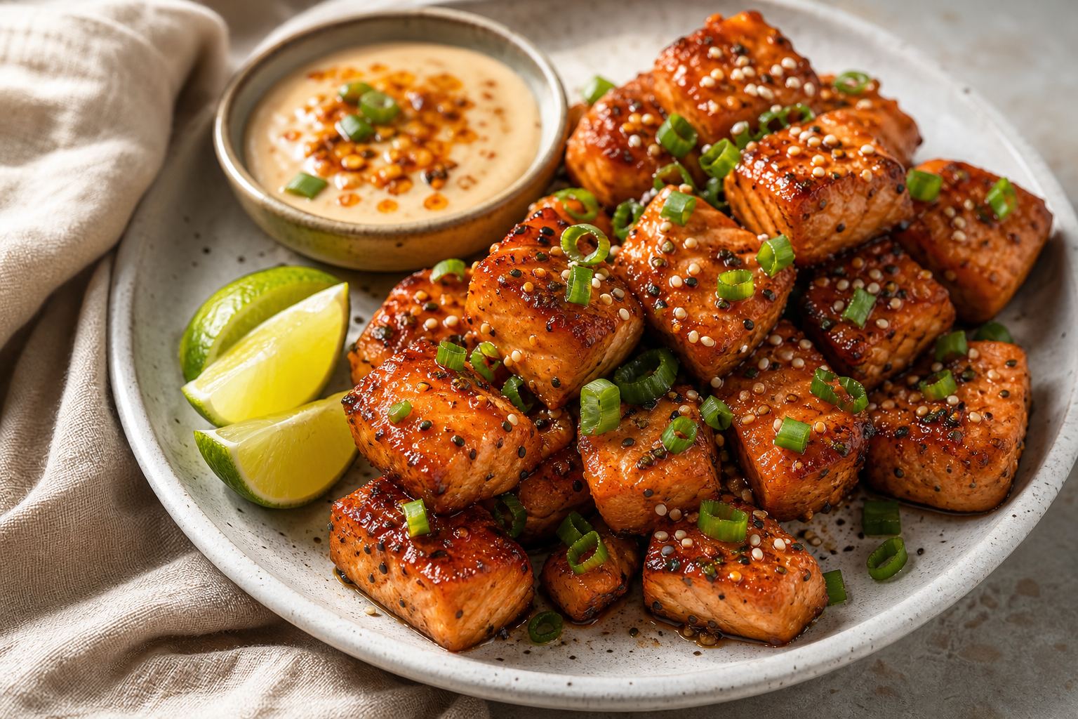 Air Fryer Hot Honey Salmon Bites served in premium editorial food styling