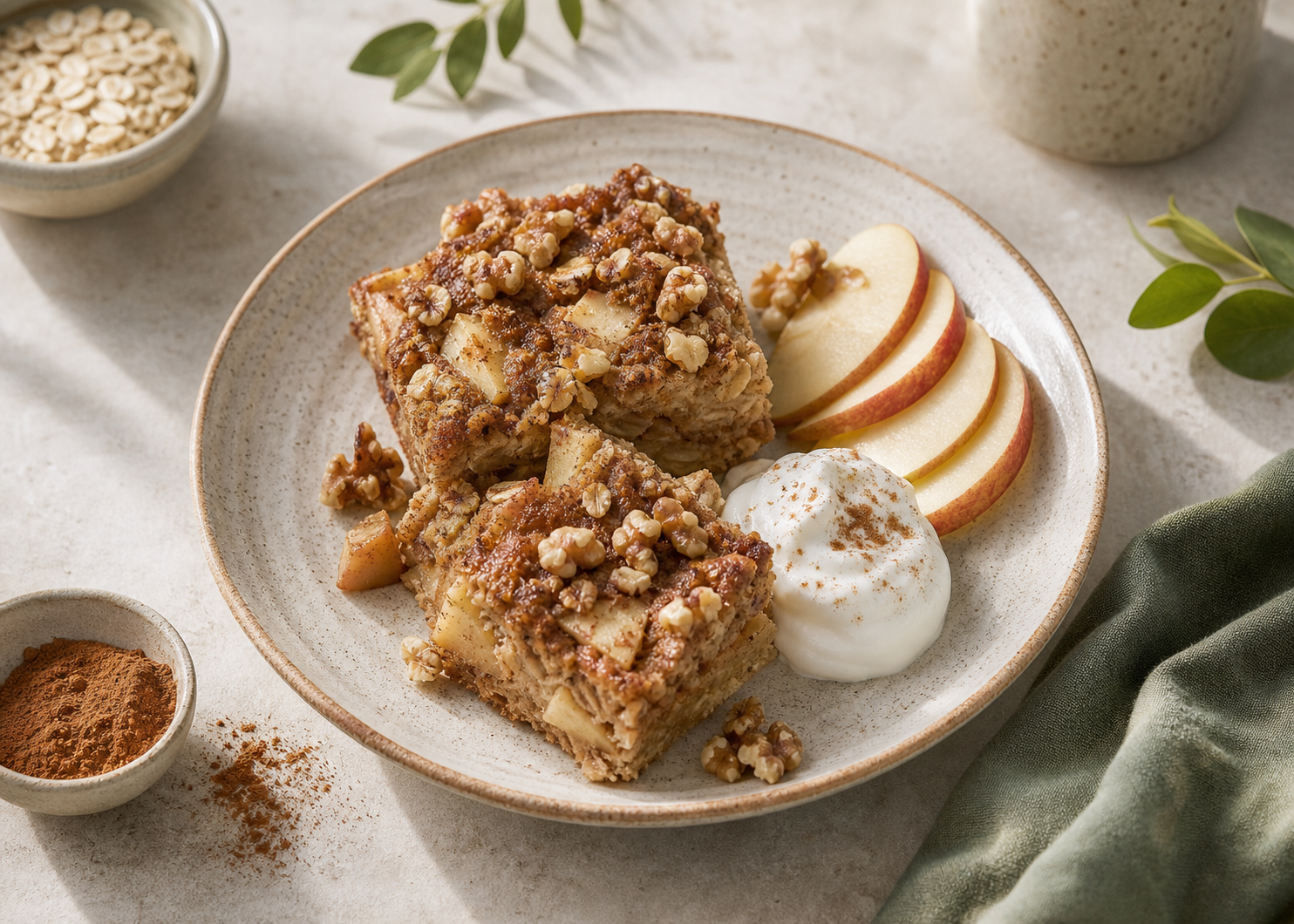 Apple Cinnamon Baked Oatmeal Squares served in premium editorial food styling