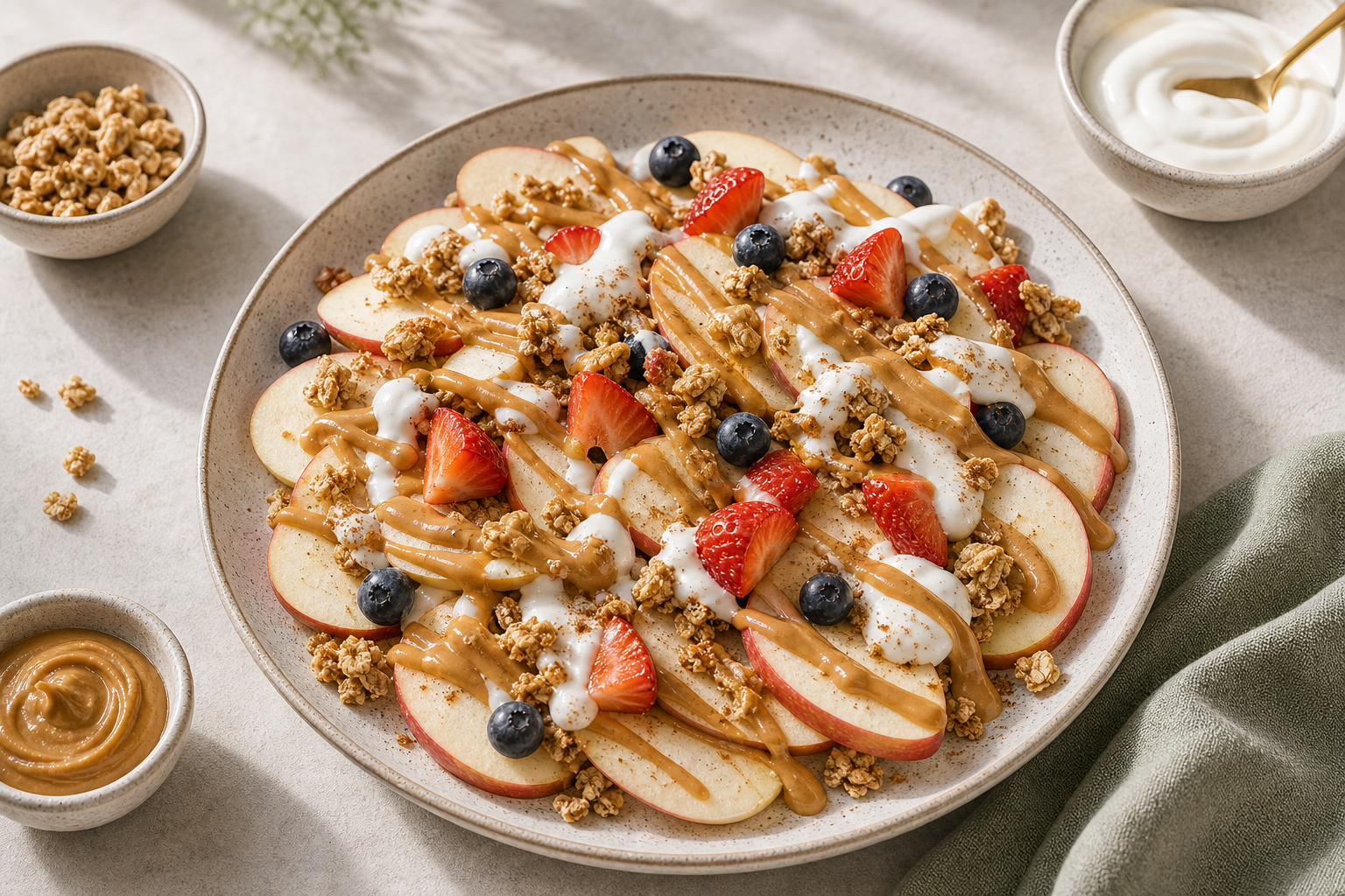 Apple Yogurt Peanut Butter Nachos served in premium editorial food styling