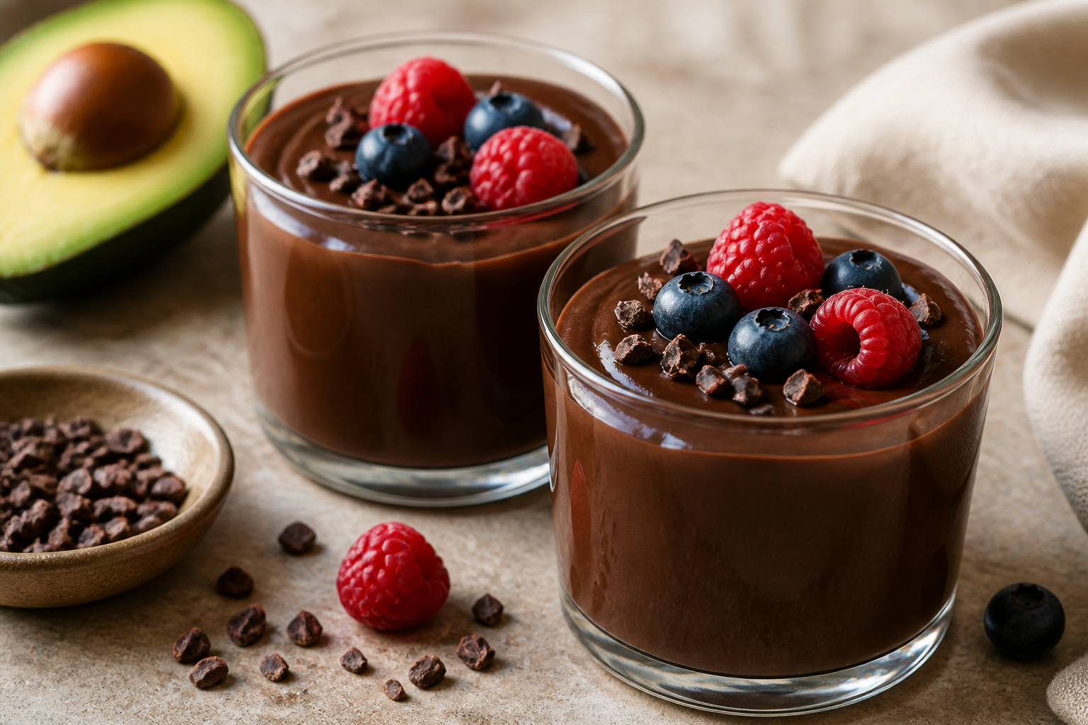 Avocado Chocolate Pudding served with premium natural food styling