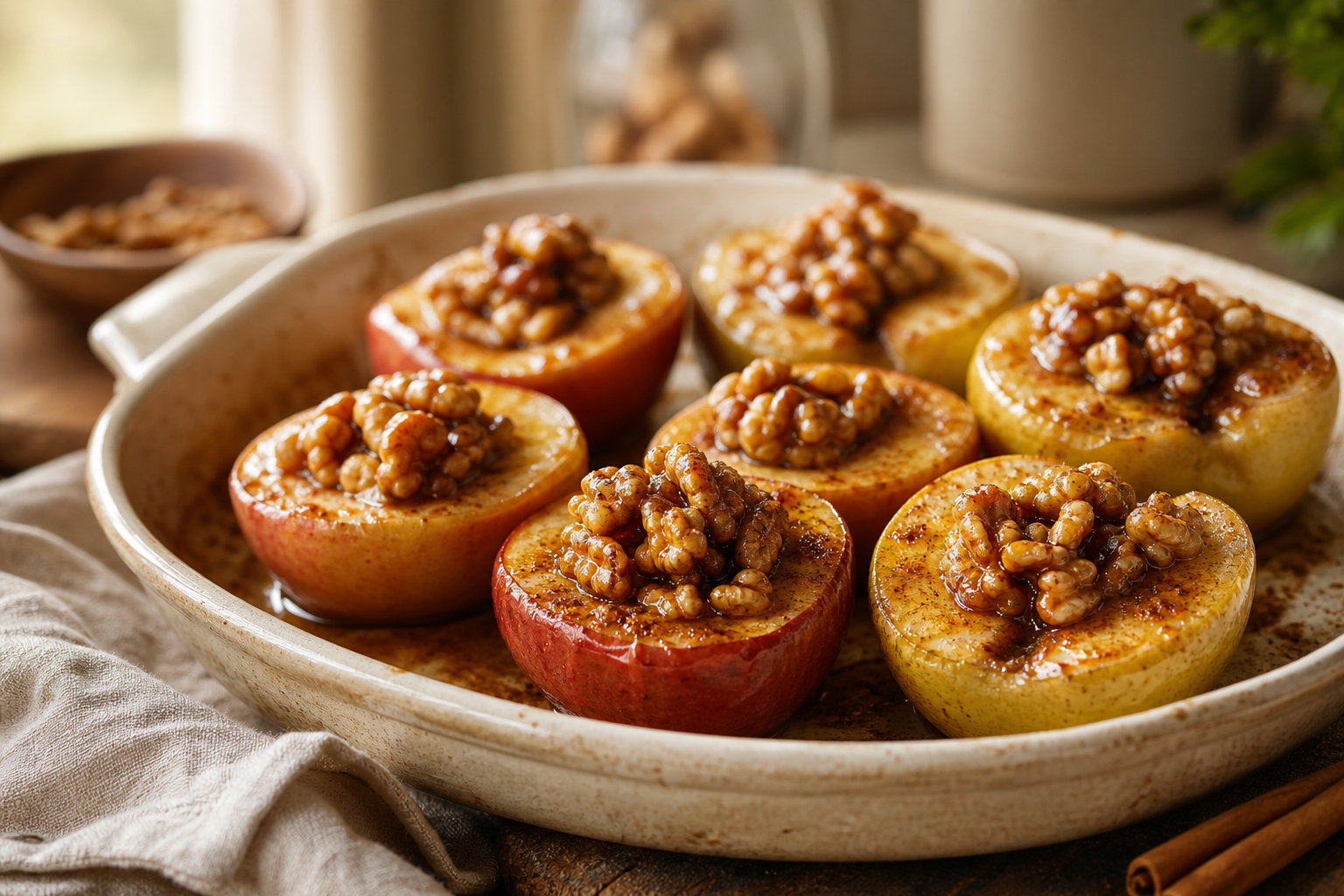 Baked Cinnamon Apples with Walnuts served with premium natural food styling