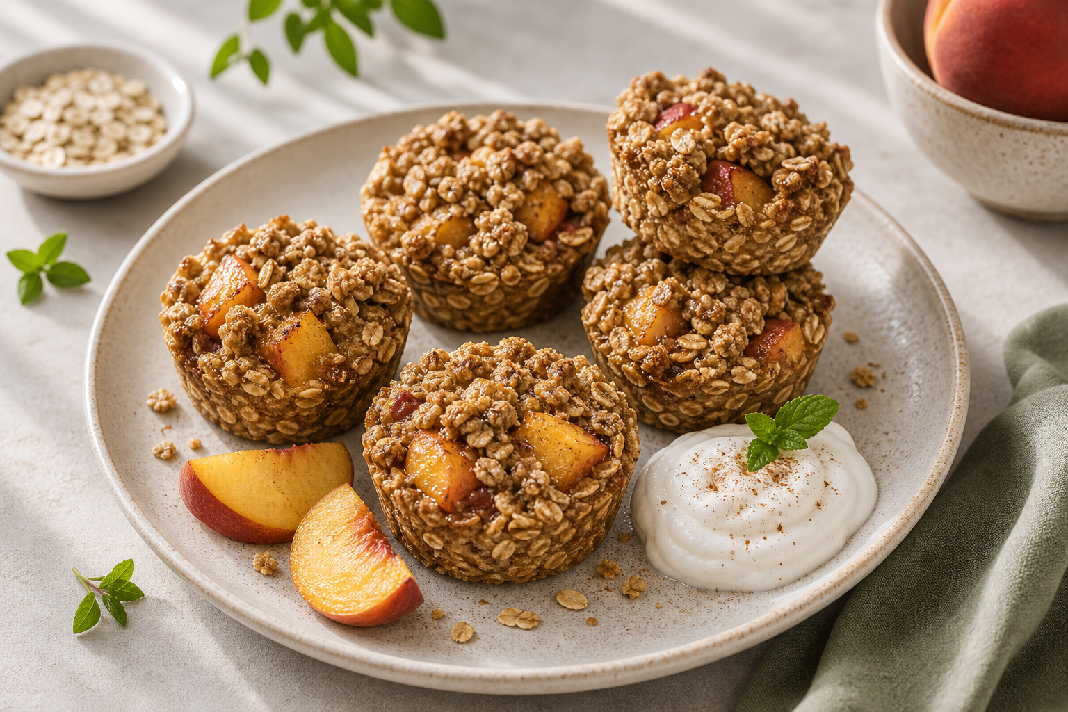 Baked Peach Oat Crumble Cups served in premium editorial food styling