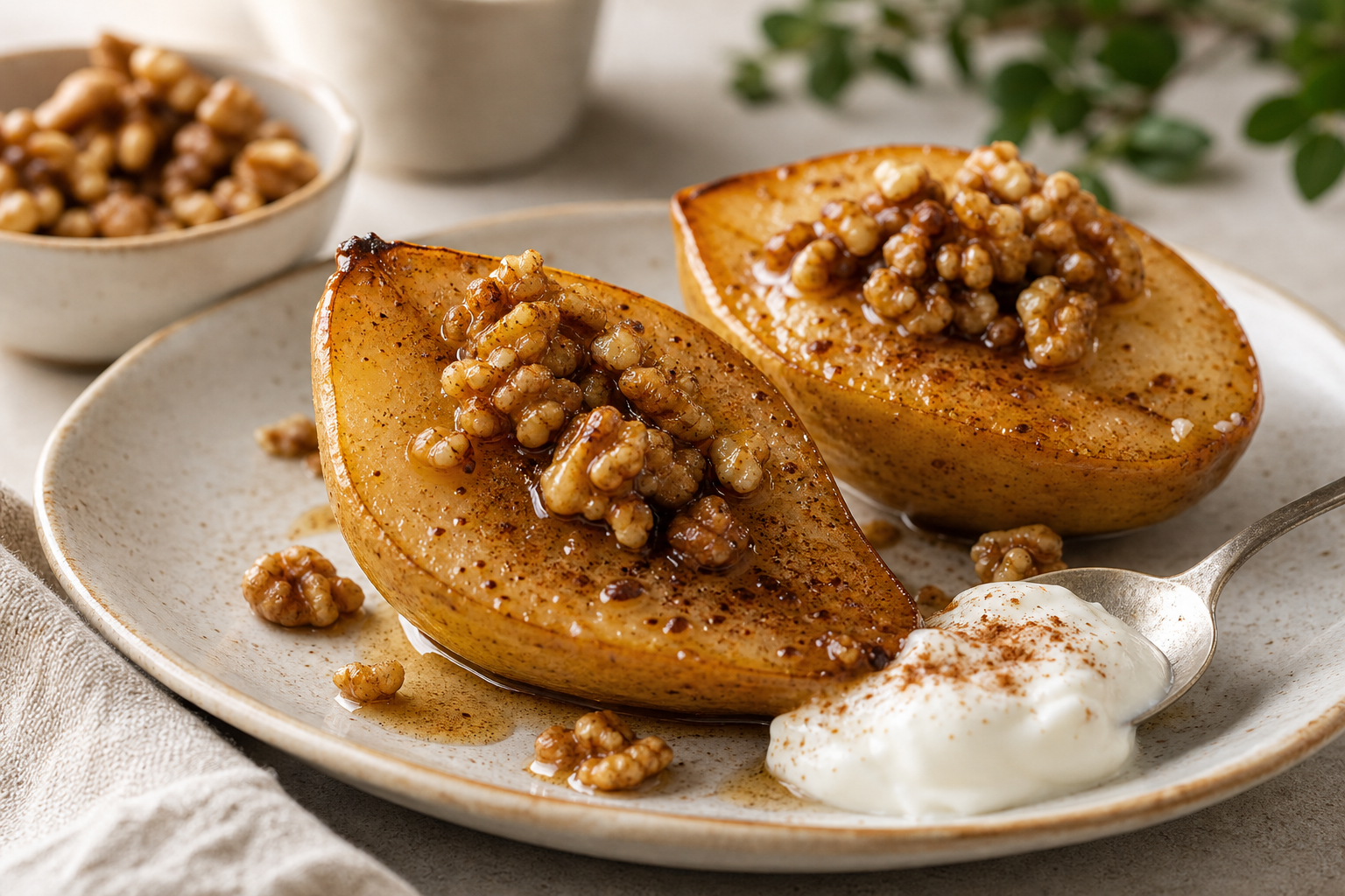 Baked Pears with Cinnamon and Honey served with premium natural food styling