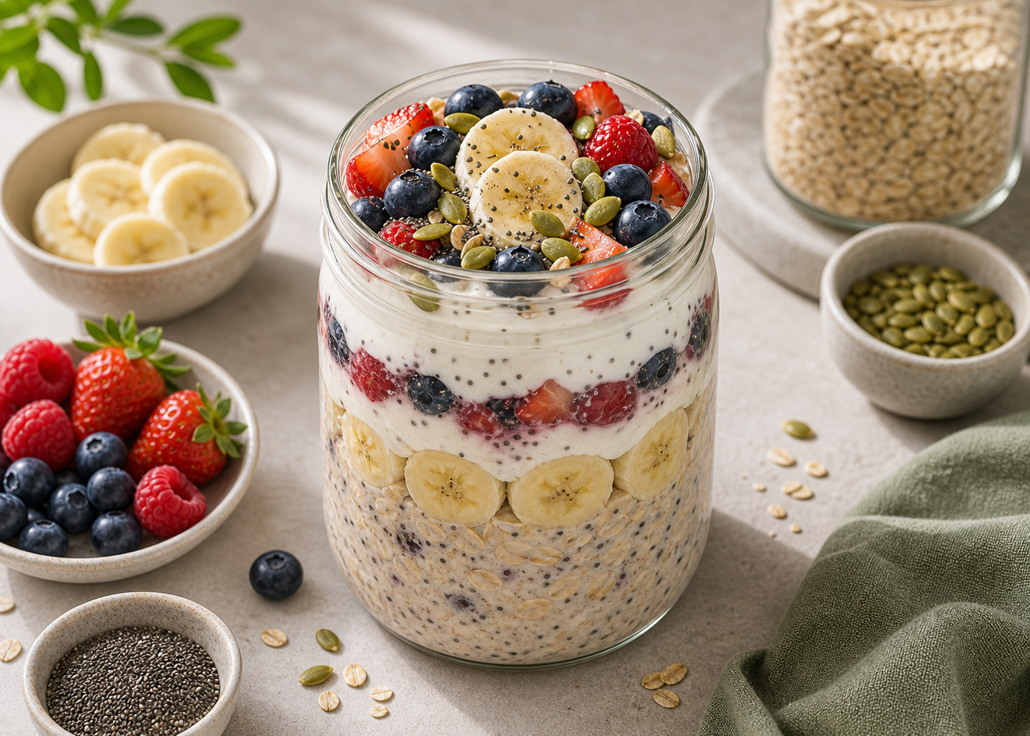 Banana Berry Overnight Training Oats served in premium editorial food styling