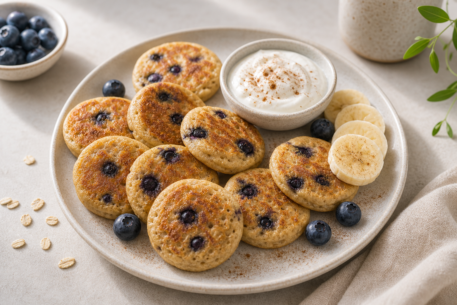 Banana Oat Mini Pancake Bites served in premium editorial food styling