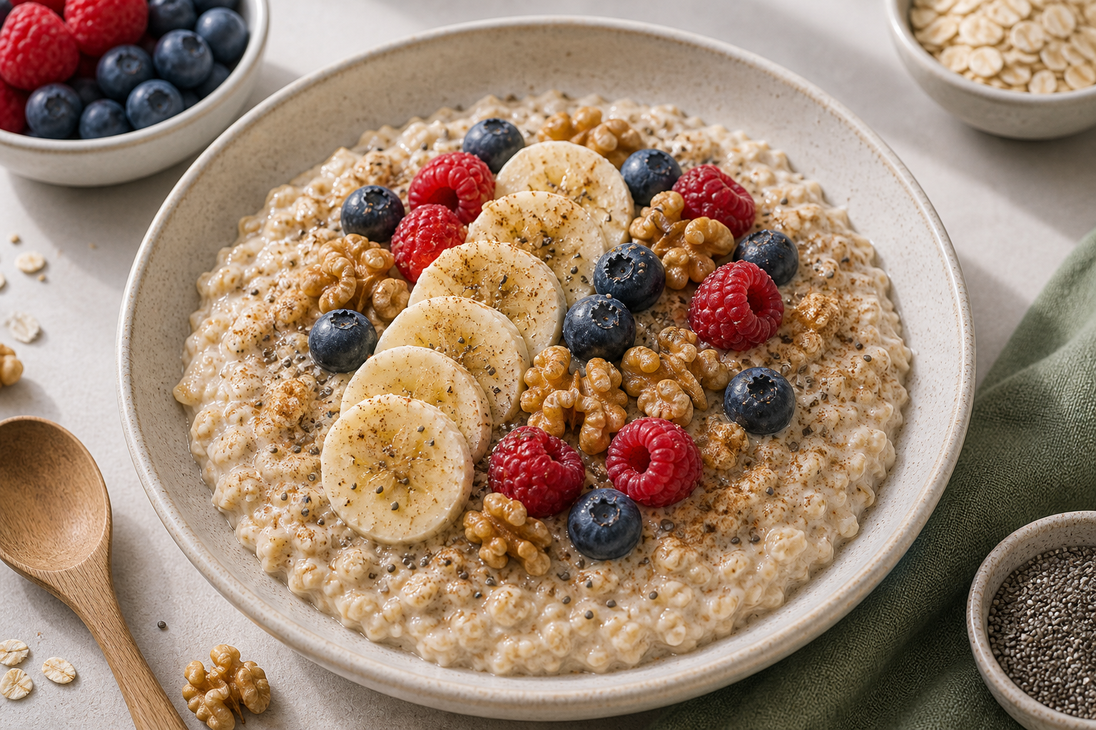 Banana Oat Walnut Breakfast Bowl served in premium editorial food styling