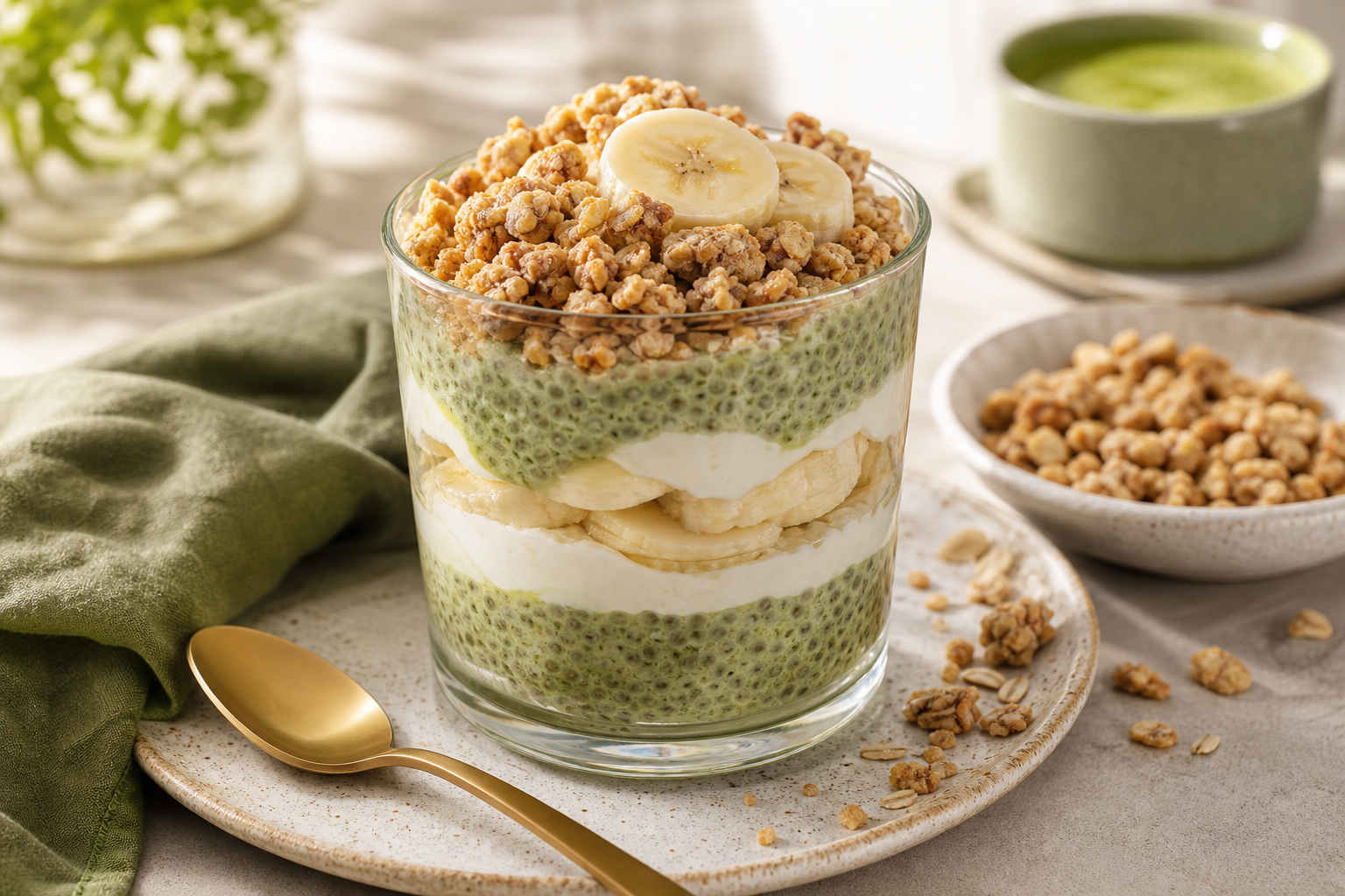 Banana Pudding Matcha Chia Pudding served in premium editorial food styling