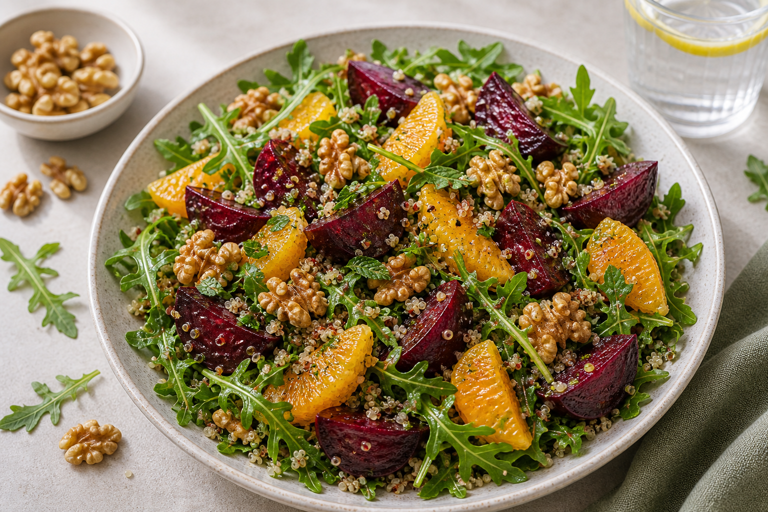 Beet Orange Walnut Salad served in premium editorial food styling
