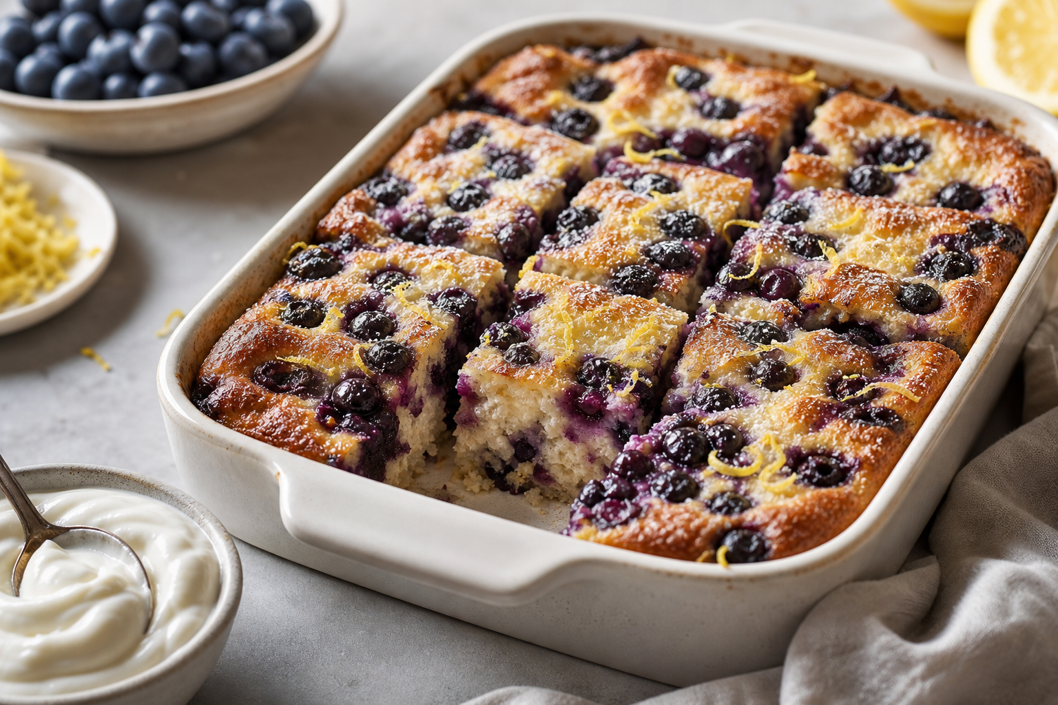 Blueberry Cottage Cheese Breakfast Bake served in premium editorial food styling
