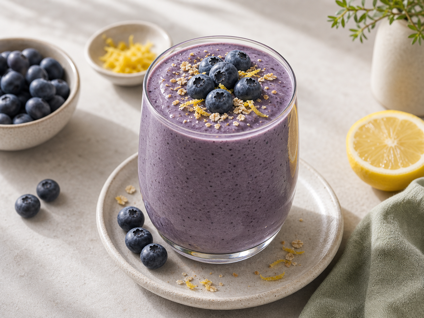 Blueberry Lemon Cheesecake Smoothie served in premium editorial food styling