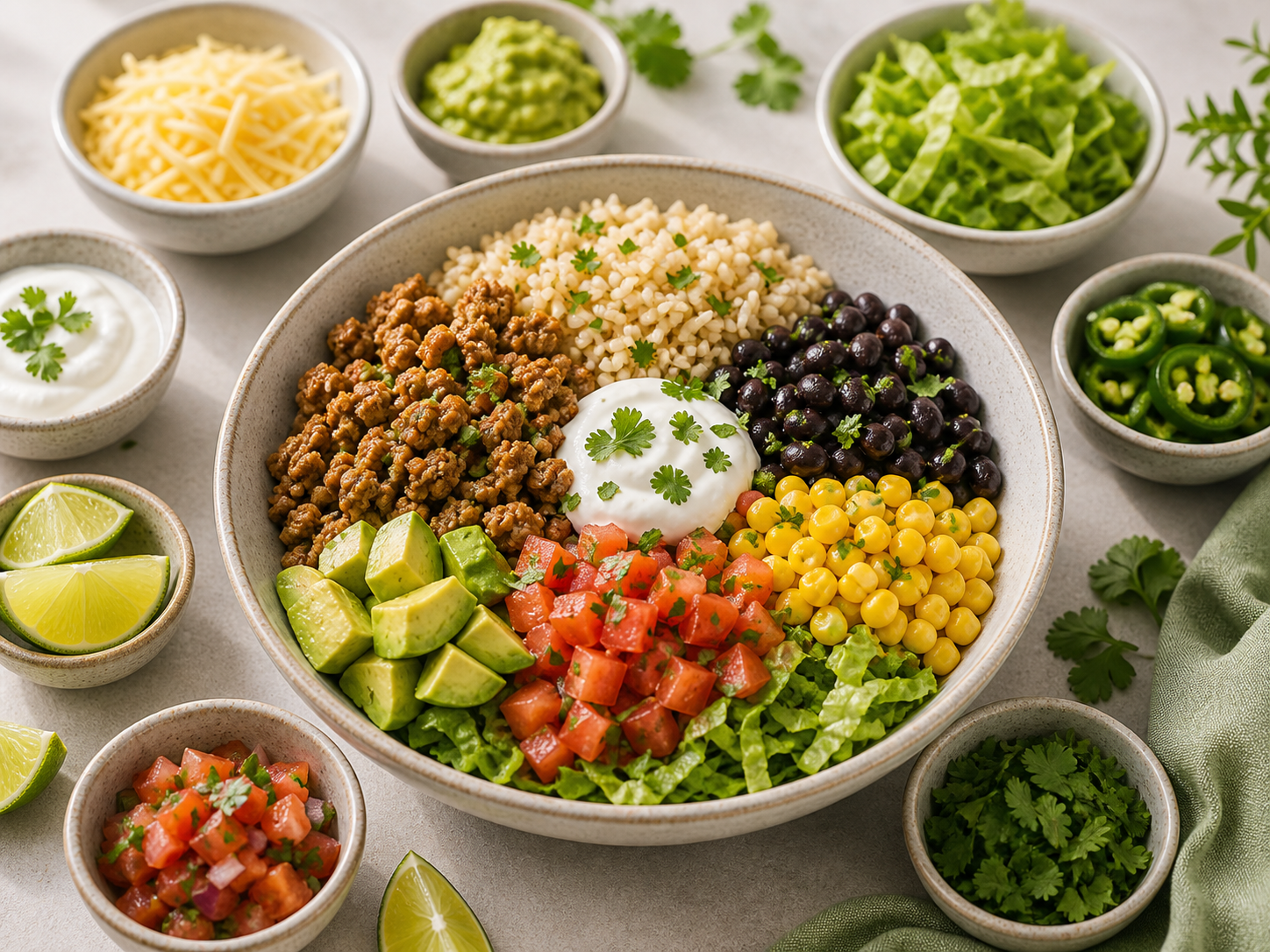 Build-Your-Own Family Taco Bowls served in premium editorial food styling