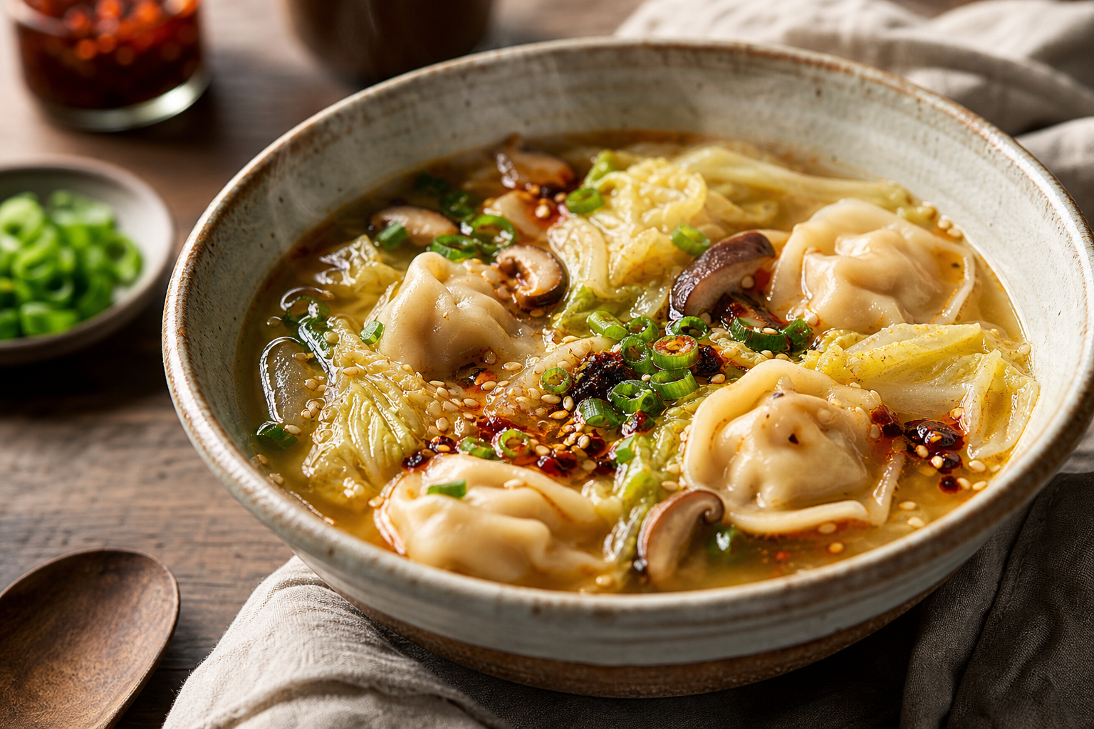 Cabbage Dumpling Soup with Chili Crisp served in premium editorial food styling