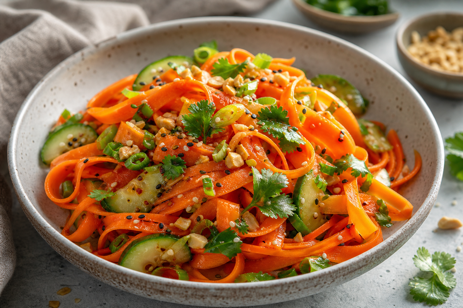 Carrot Ribbon Salad with Sesame Ginger Dressing served in premium editorial food styling
