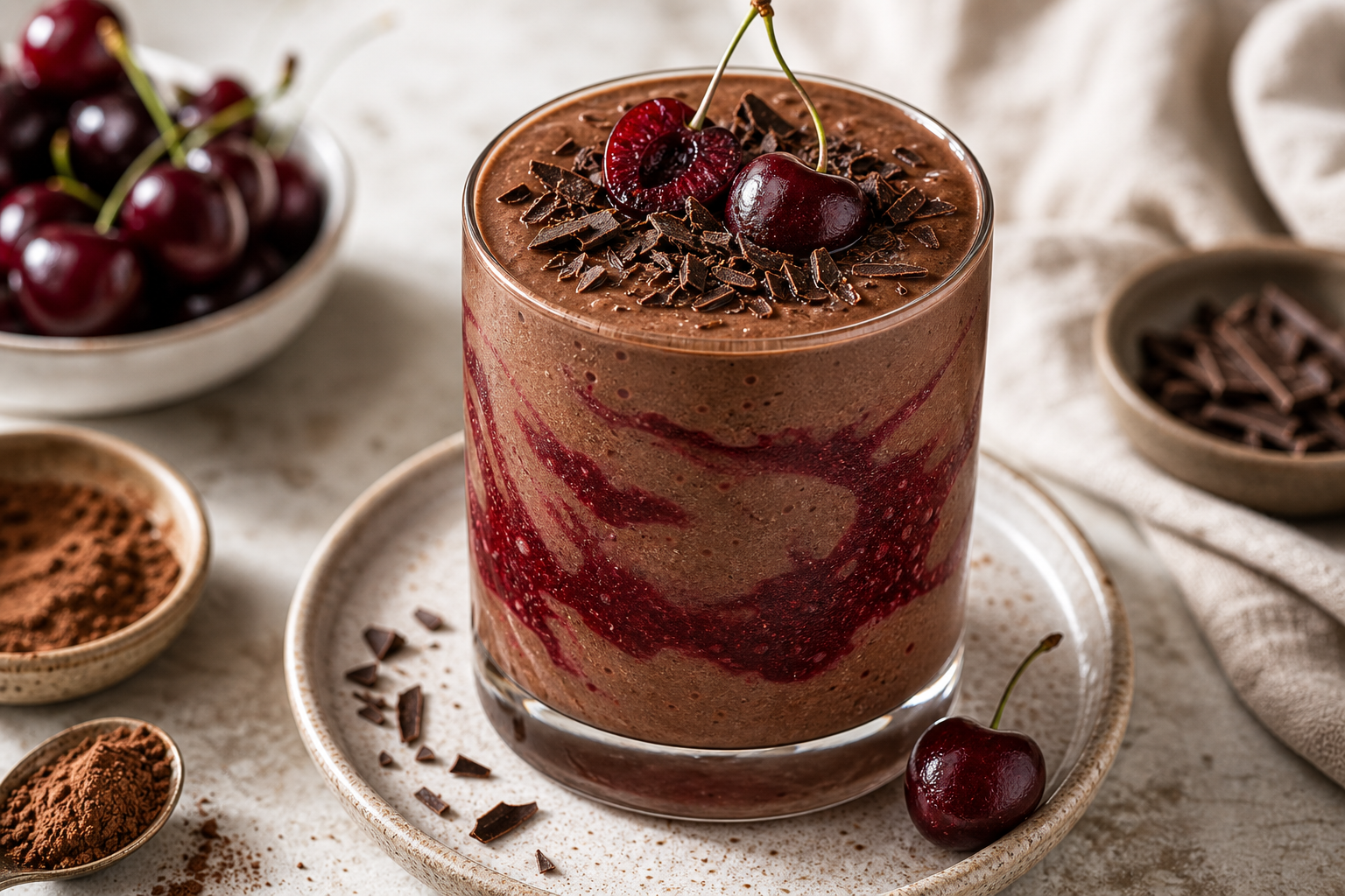 Cherry Chocolate Protein Smoothie in premium editorial smoothie styling