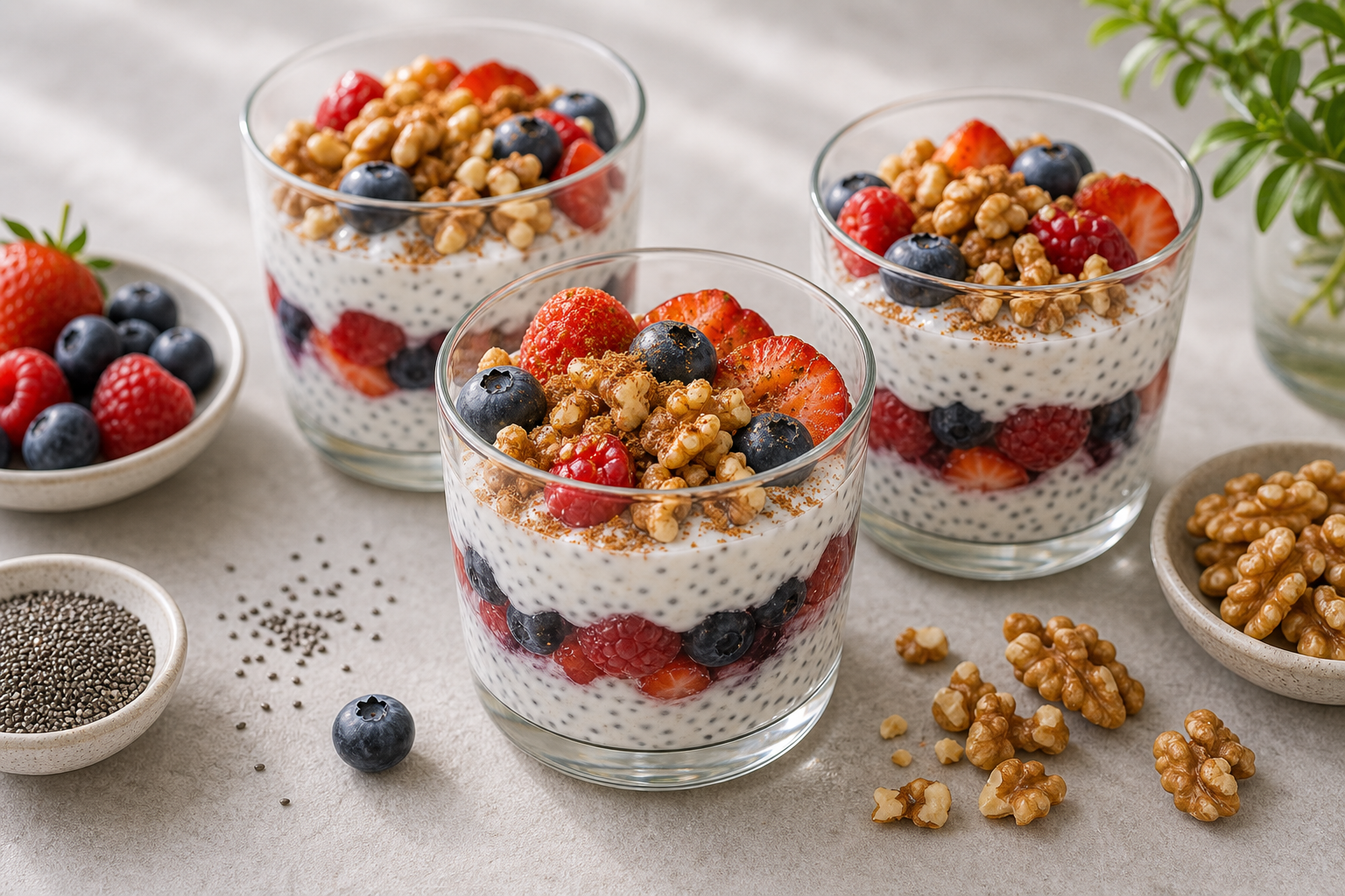 Chia Yogurt Berry Breakfast Cups served in premium editorial food styling