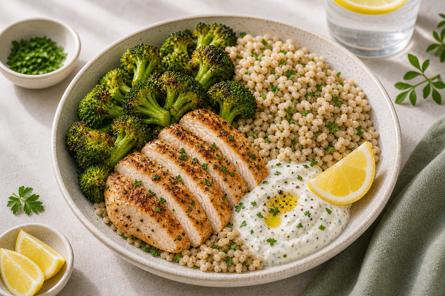 Chicken Broccoli Barley Bowls served in premium editorial food styling
