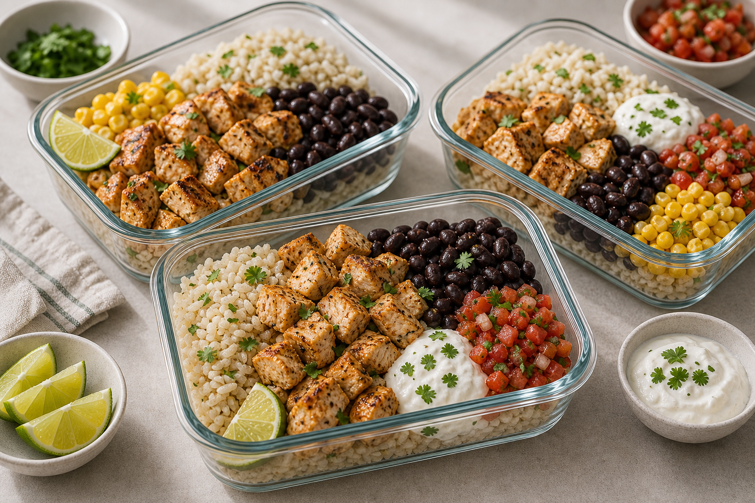 Chicken Burrito Meal-Prep Bowls served in premium editorial food styling