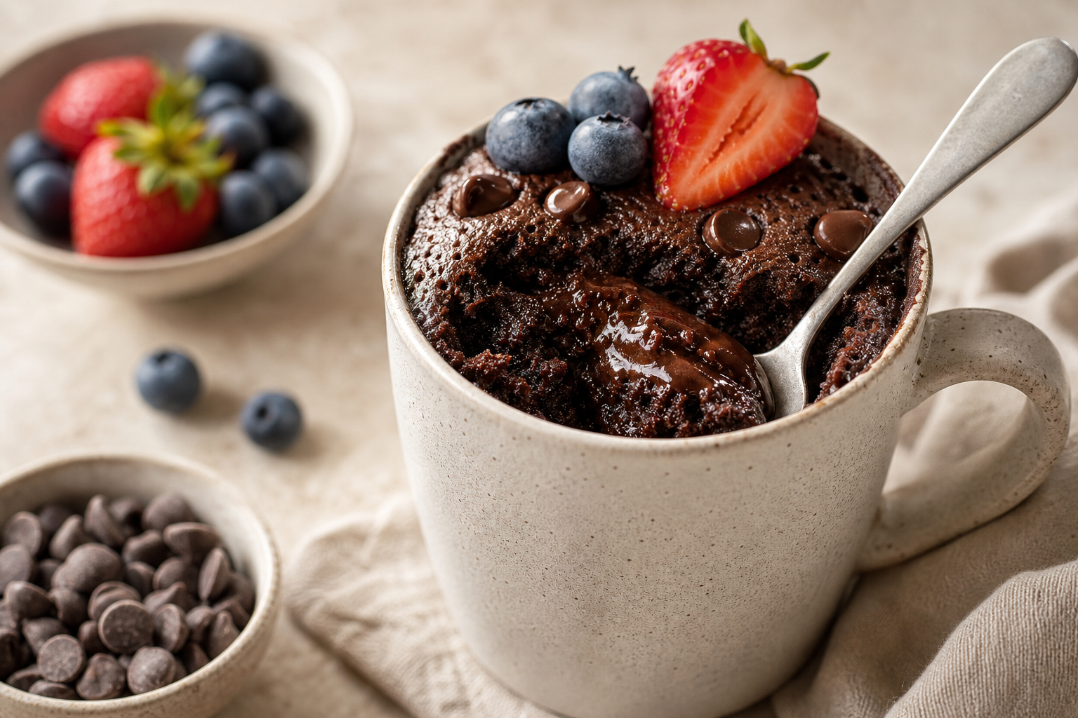 Chocolate Protein Mug Cake served with premium natural food styling
