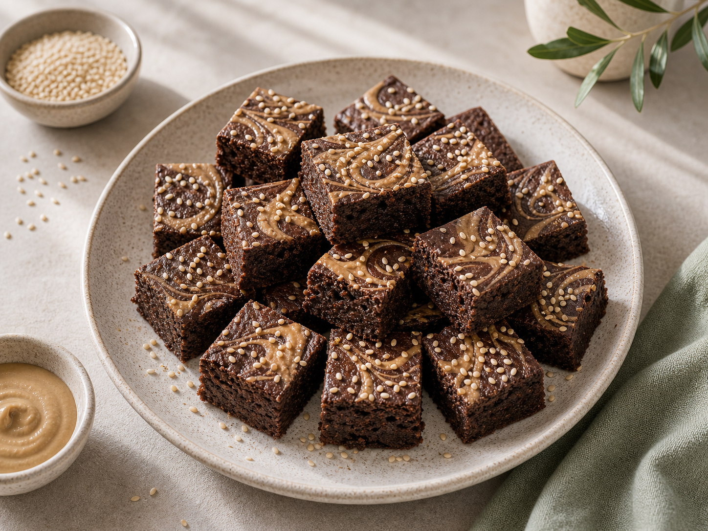 Chocolate Tahini Brownie Bites served in premium editorial food styling