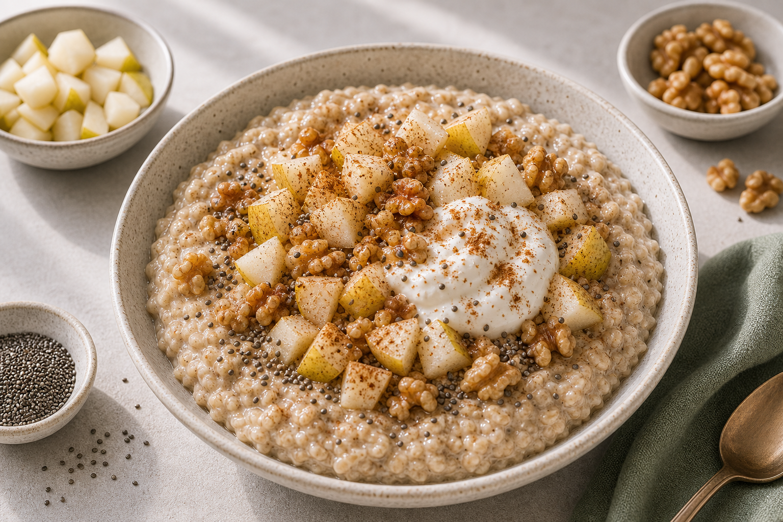 Cinnamon Pear Protein Oatmeal served in premium editorial food styling