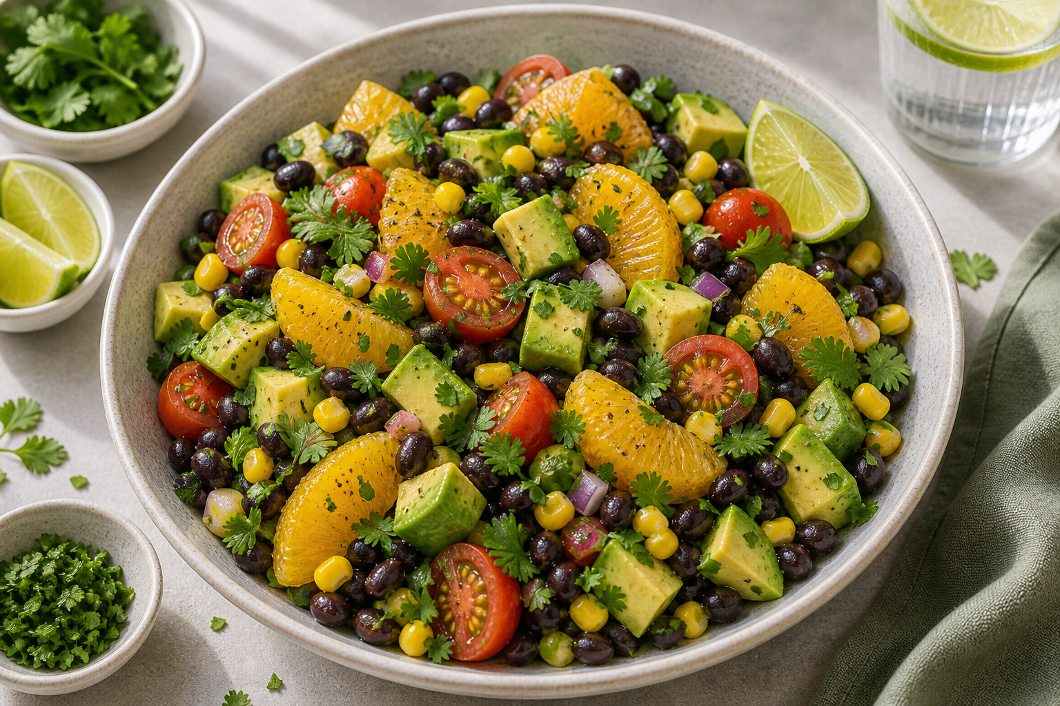 Citrus Avocado Black Bean Salad served in premium editorial food styling