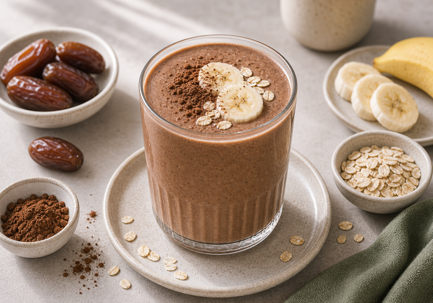 Cocoa Date Recovery Shake served in premium editorial food styling