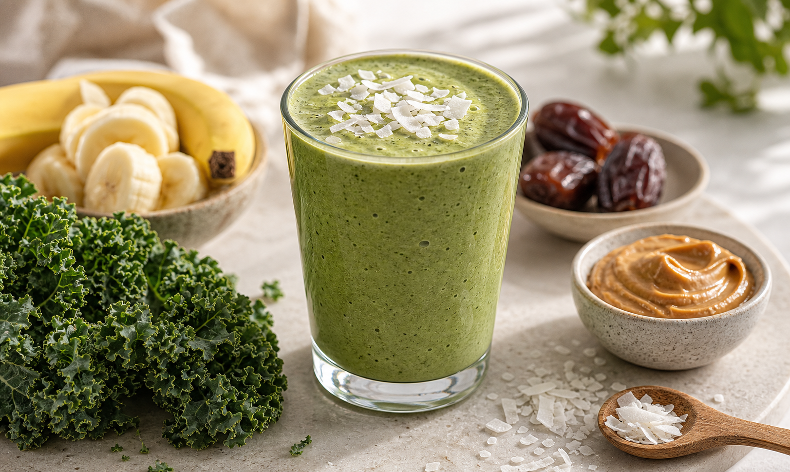 Coconut Kale Peanut Butter Smoothie in premium editorial smoothie styling