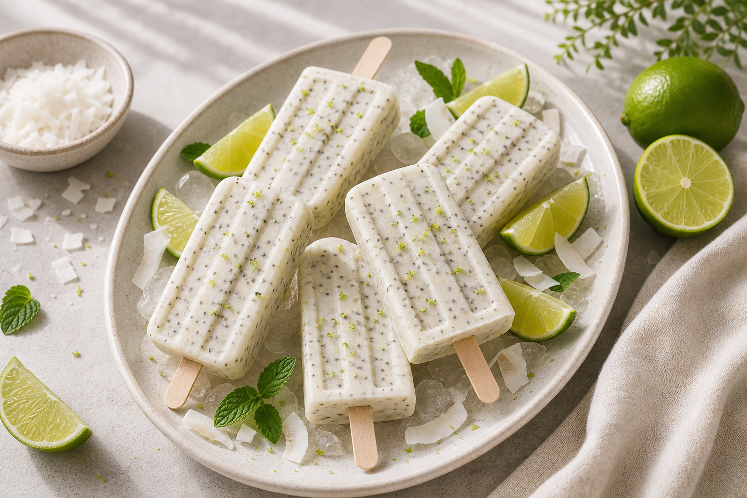 Coconut Lime Chia Popsicles served in premium editorial food styling