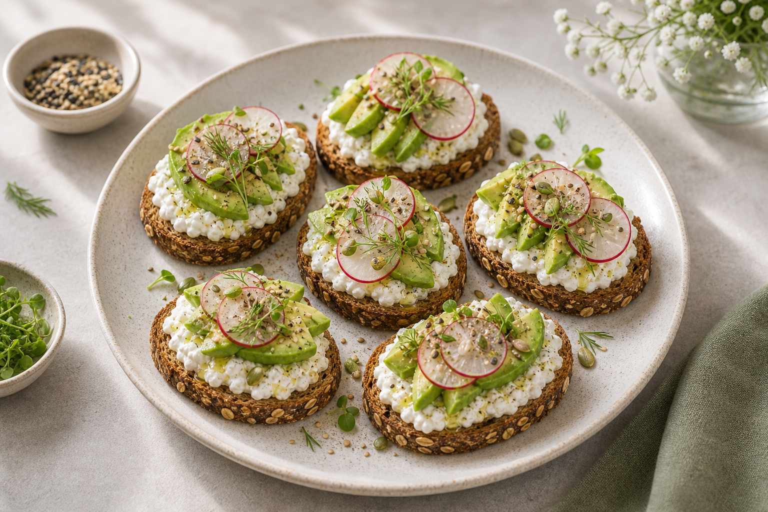 Cottage Cheese Avocado Toast Bites served in premium editorial food styling