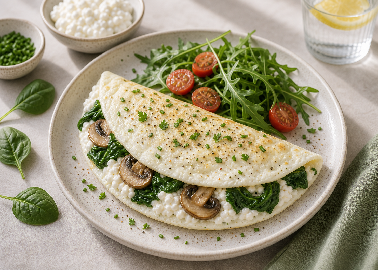 Cottage Cheese Egg-White Omelet served in premium editorial food styling