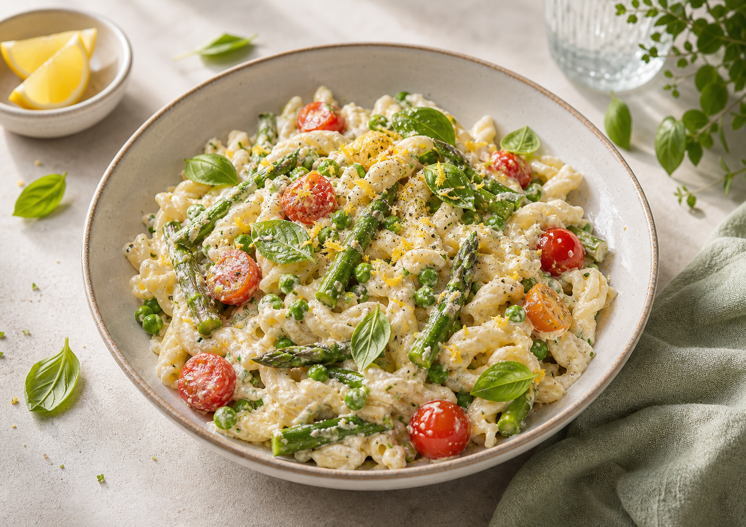 Creamy Cottage Cheese Pasta Primavera served in premium editorial food styling