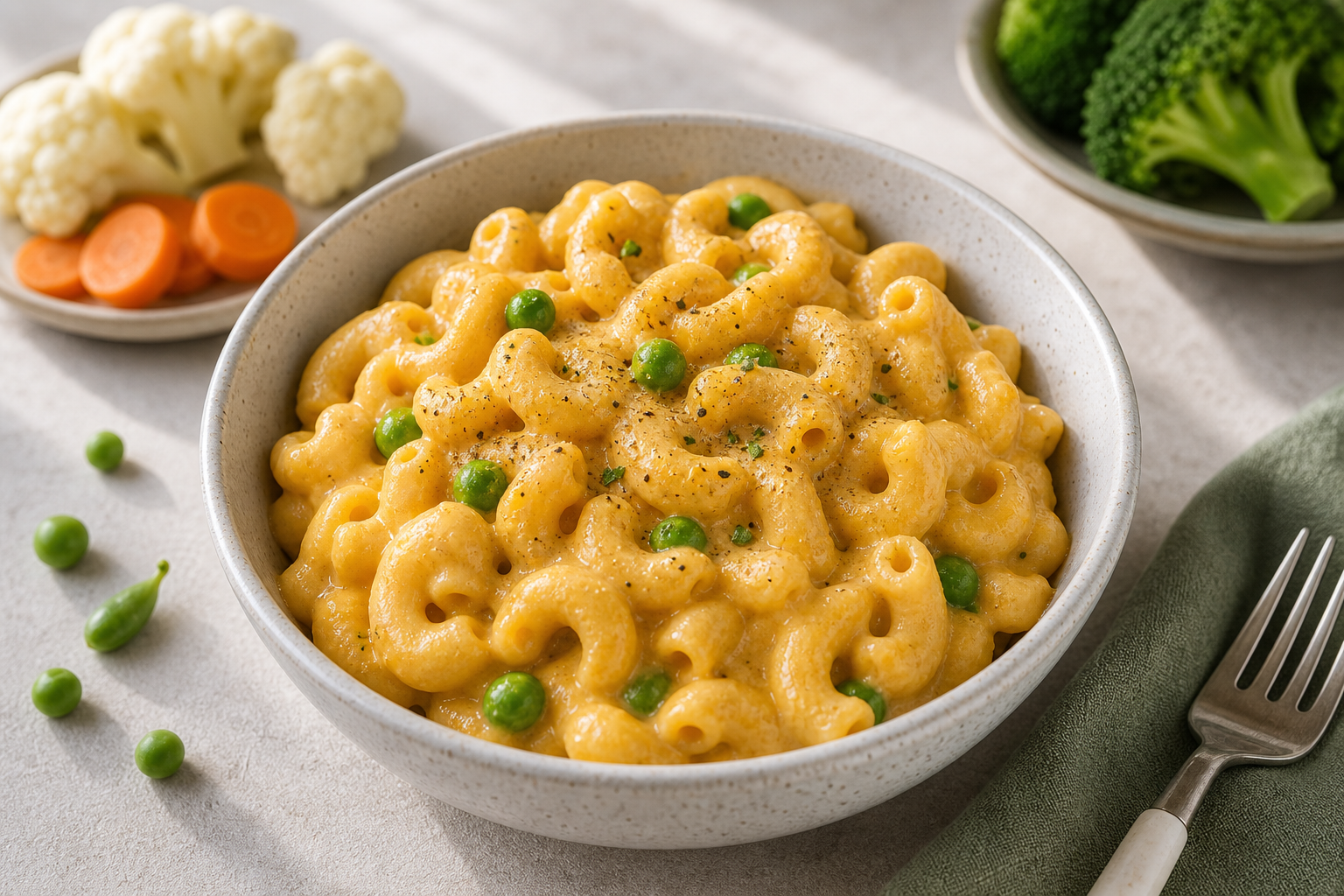 Creamy Hidden-Veggie Mac and Cheese served in premium editorial food styling