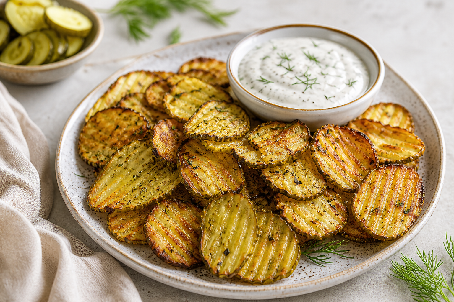 Crispy Pickle Cucumber Chips with Yogurt Ranch served in premium editorial food styling