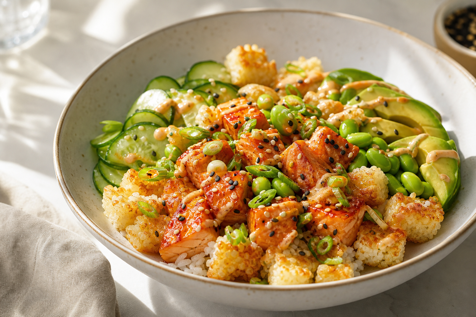Crispy Rice Salmon Salad served in premium editorial food styling