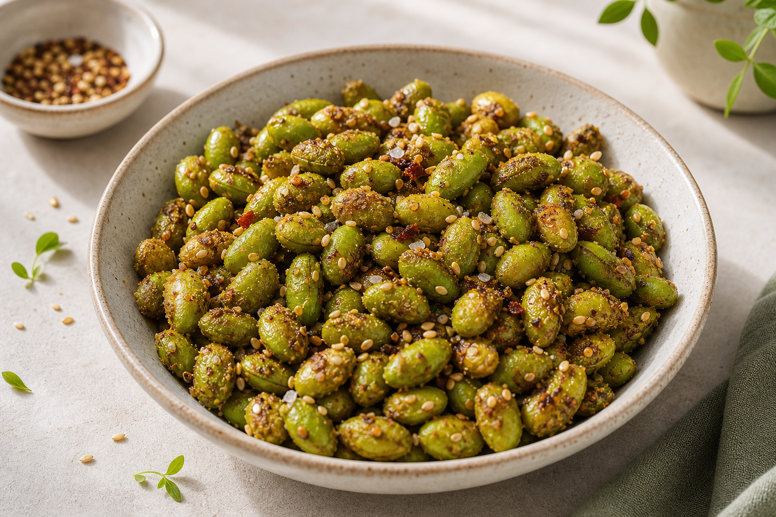 Crispy Roasted Edamame served in premium editorial food styling