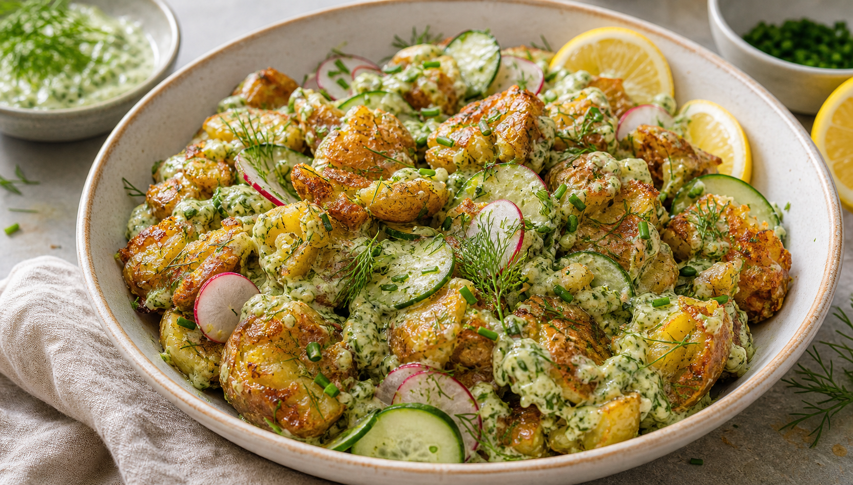 Crispy Smashed Potato Salad with Green Goddess Dressing served in premium editorial food styling