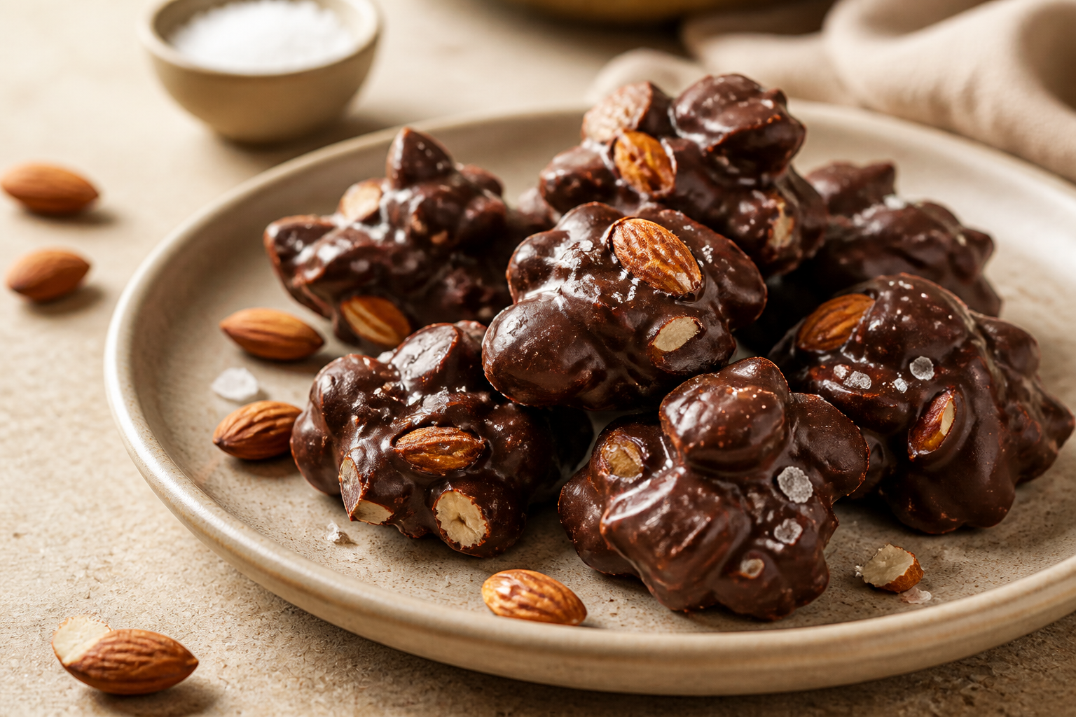 Dark Chocolate Almond Clusters served with premium natural food styling