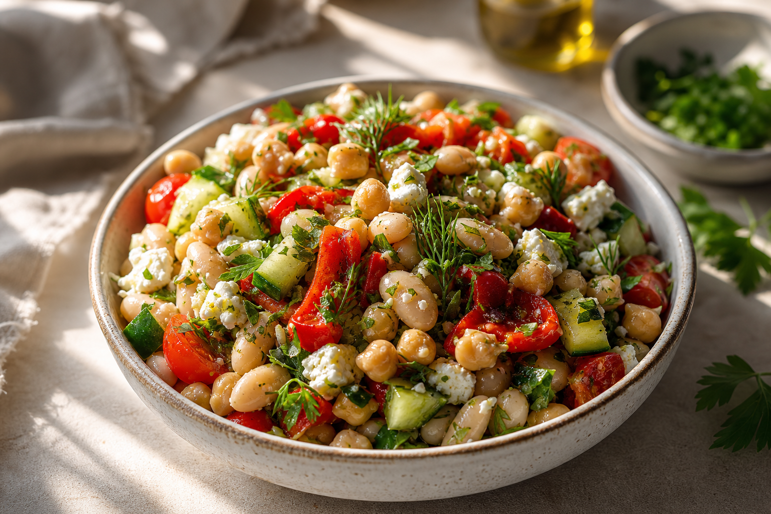 Dense Bean Salad with Feta and Herbs served in premium editorial food styling