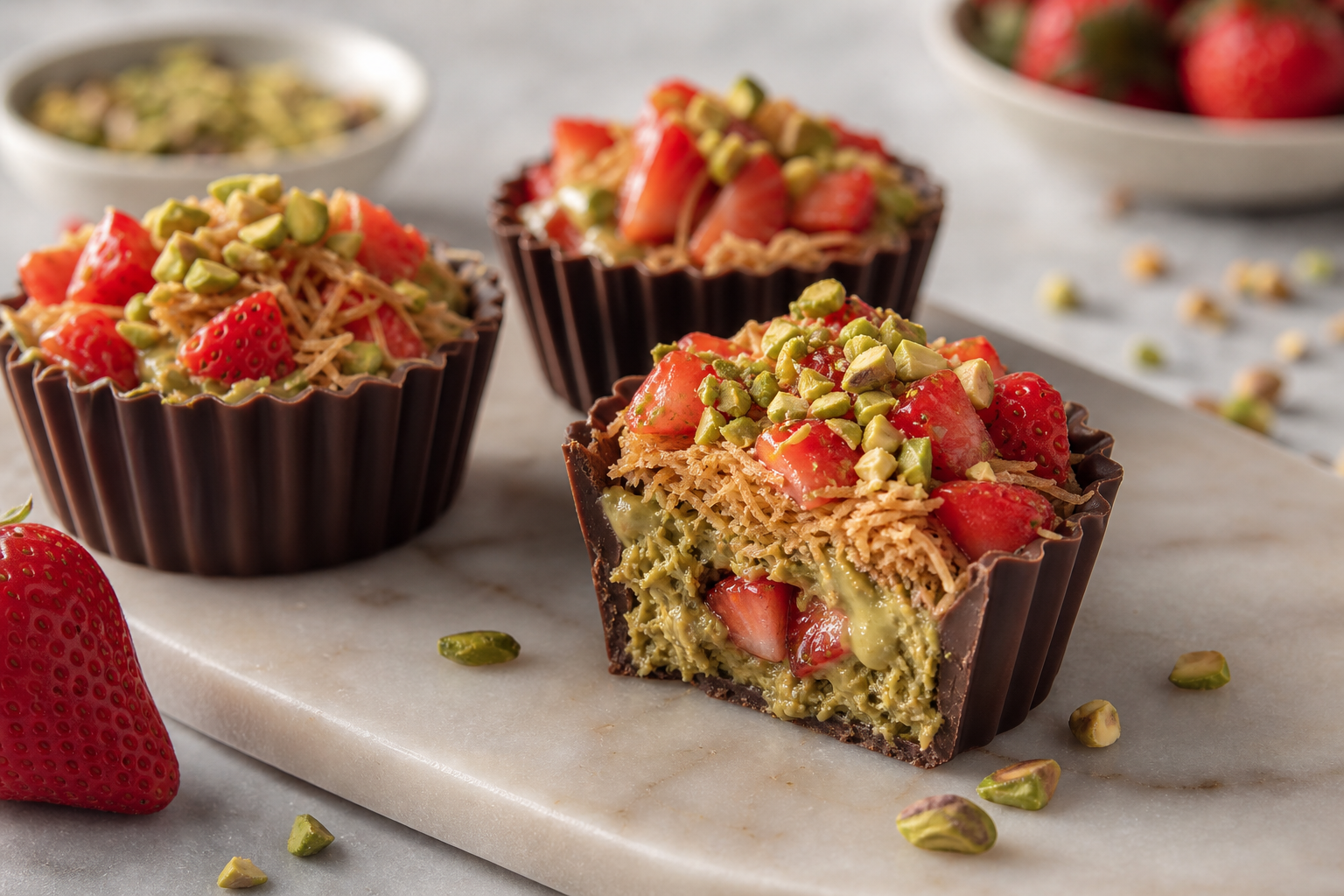 Dubai Chocolate Strawberry Cups served in premium editorial food styling