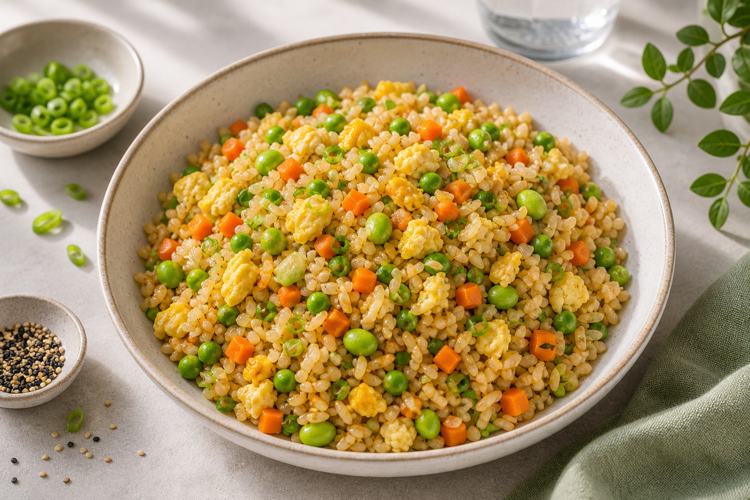 Easy Veggie Egg Fried Rice served in premium editorial food styling
