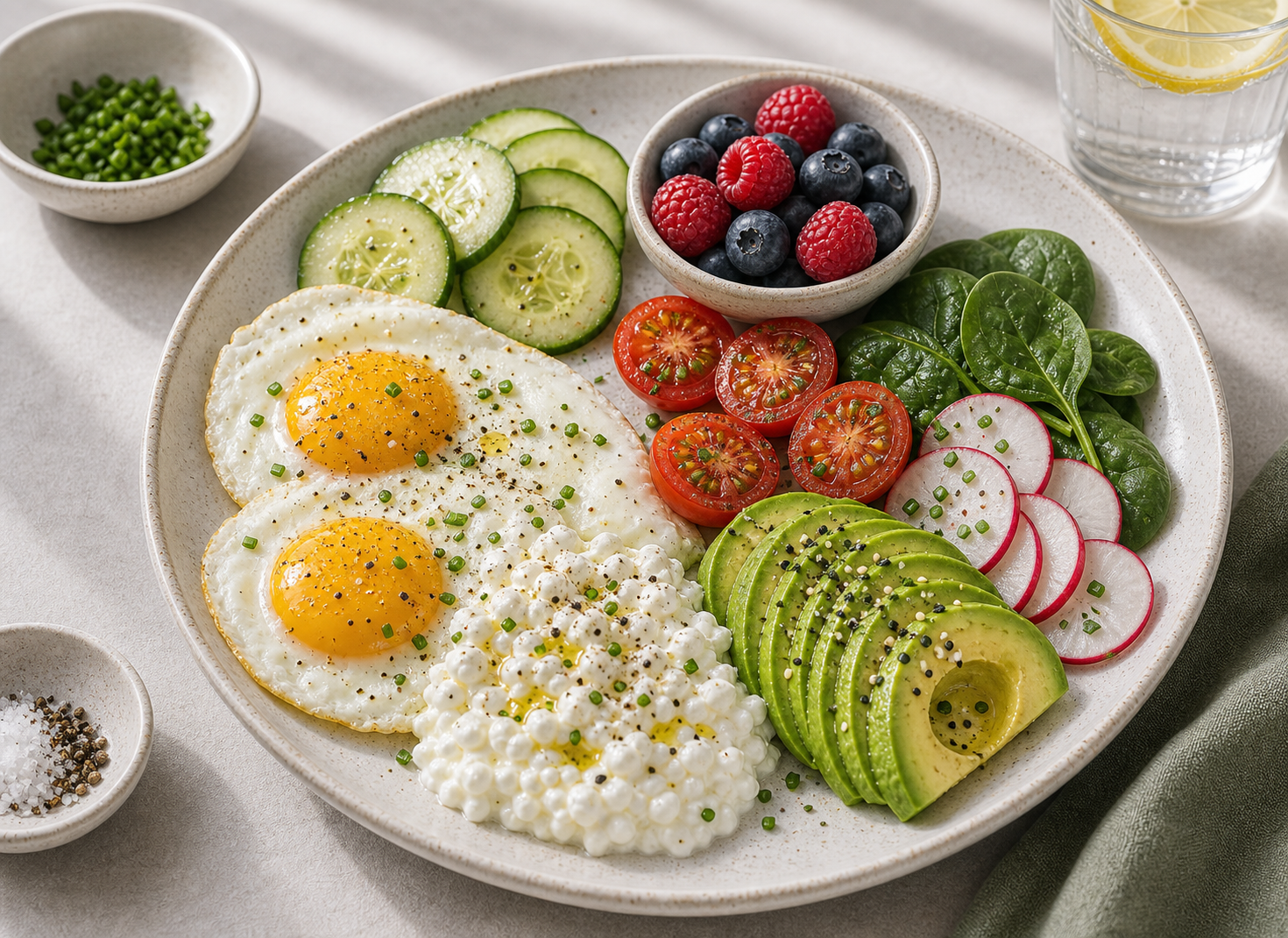 Egg Avocado Vegetable Breakfast Plate served in premium editorial food styling