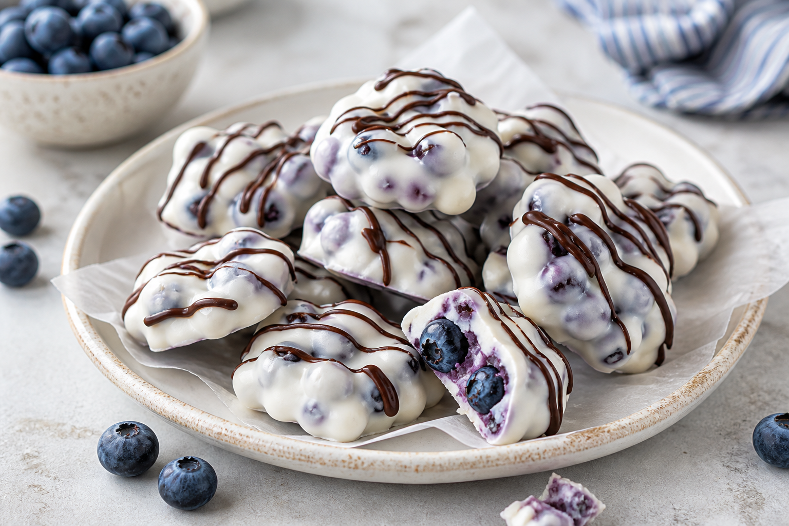 Frozen Yogurt Blueberry Clusters served with premium natural food styling