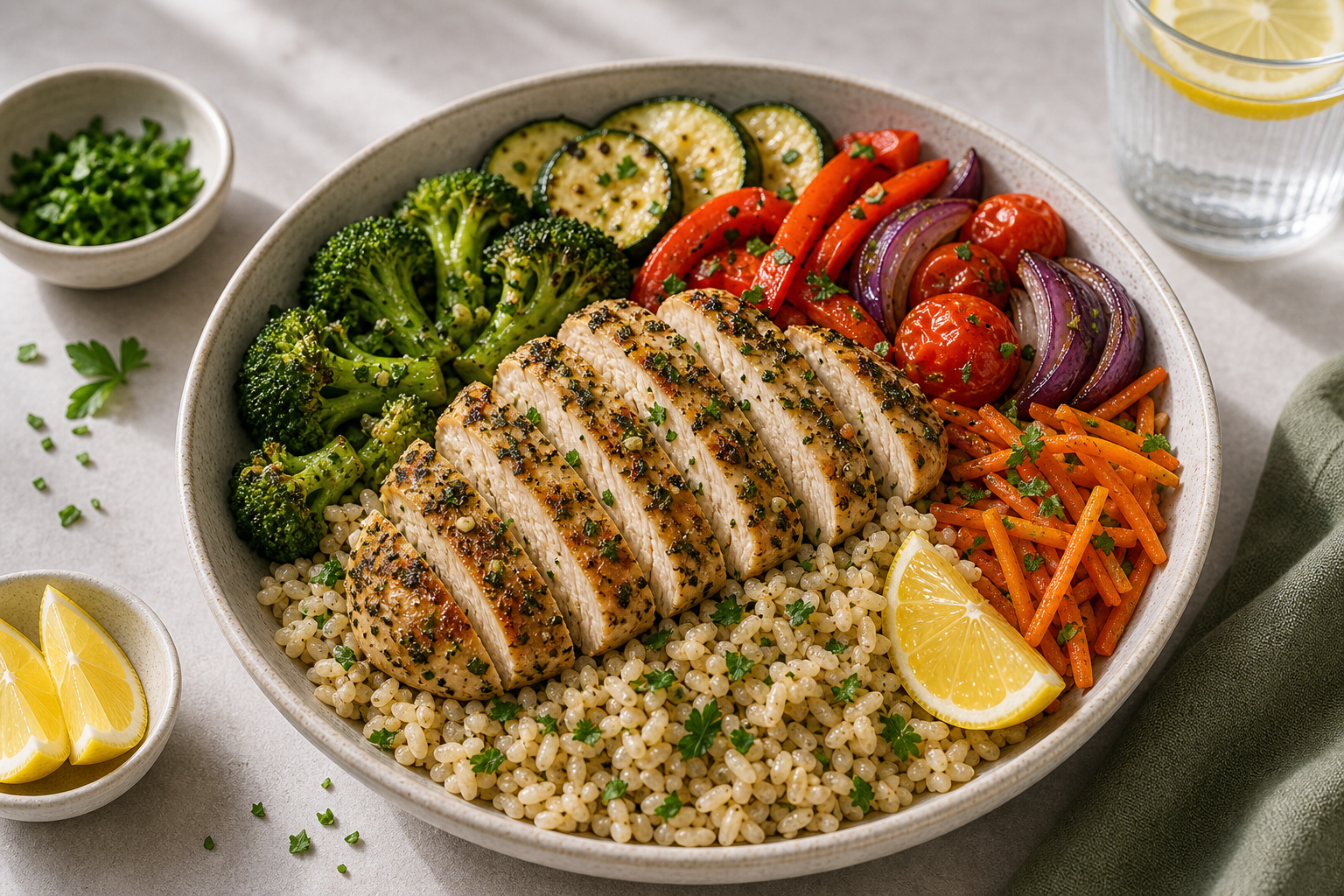 Garlic Herb Chicken Brown Rice Bowls served in premium editorial food styling