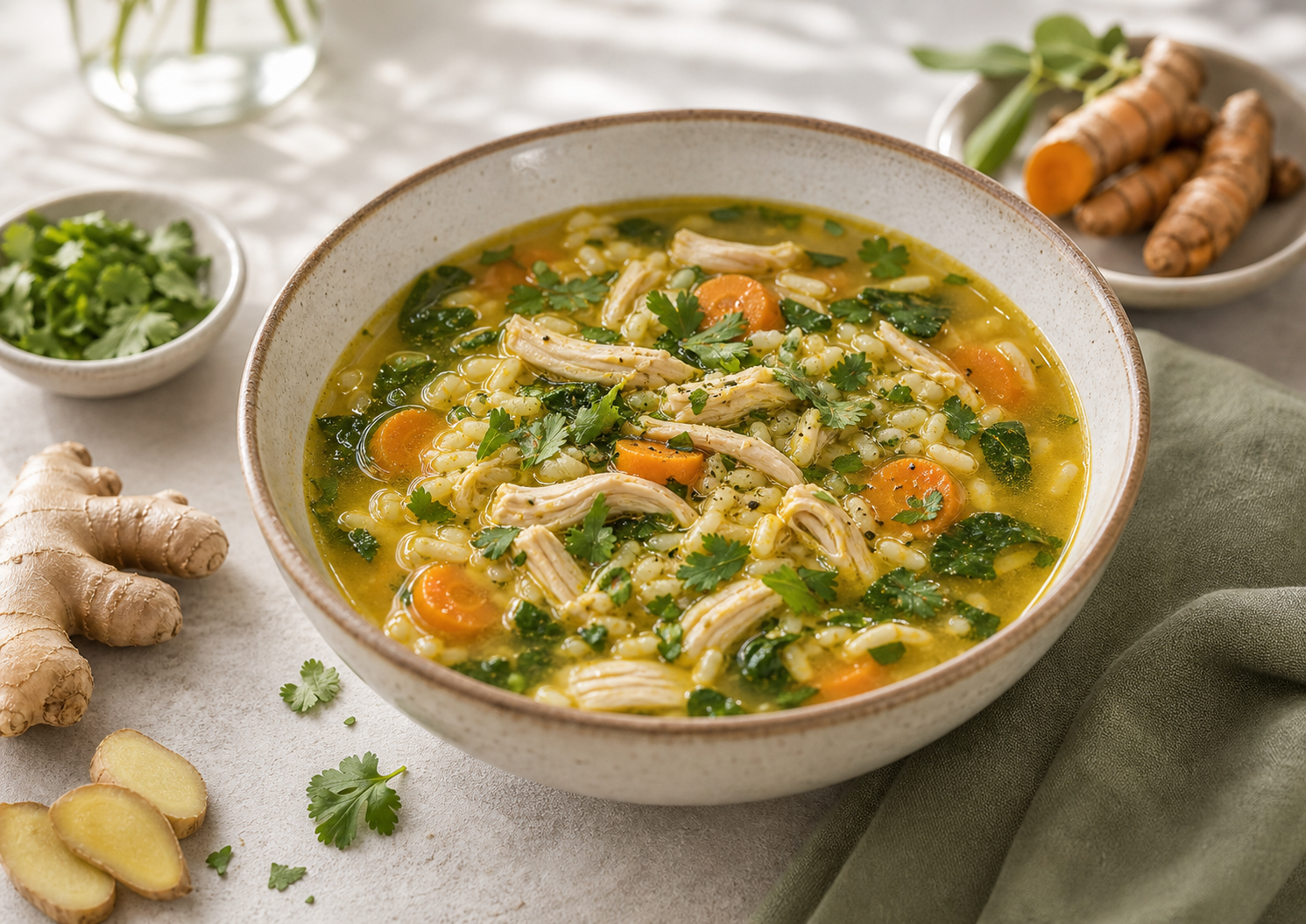 Ginger Turmeric Chicken Rice Soup served in premium editorial food styling