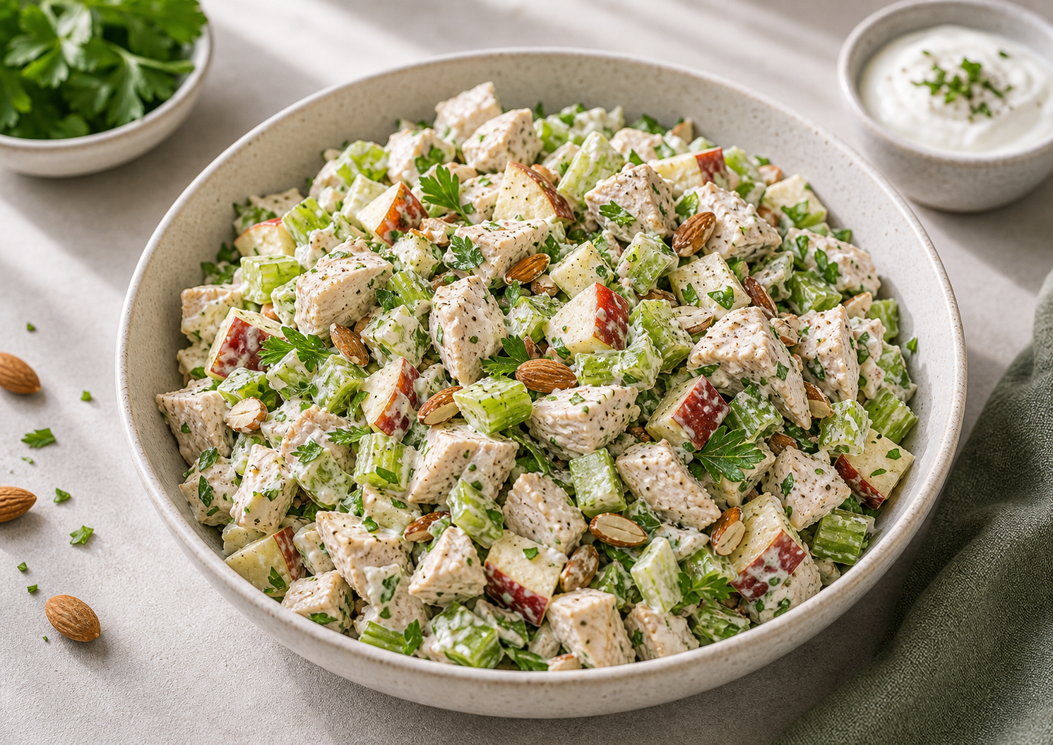 Greek Yogurt Chicken Crunch Salad served in premium editorial food styling
