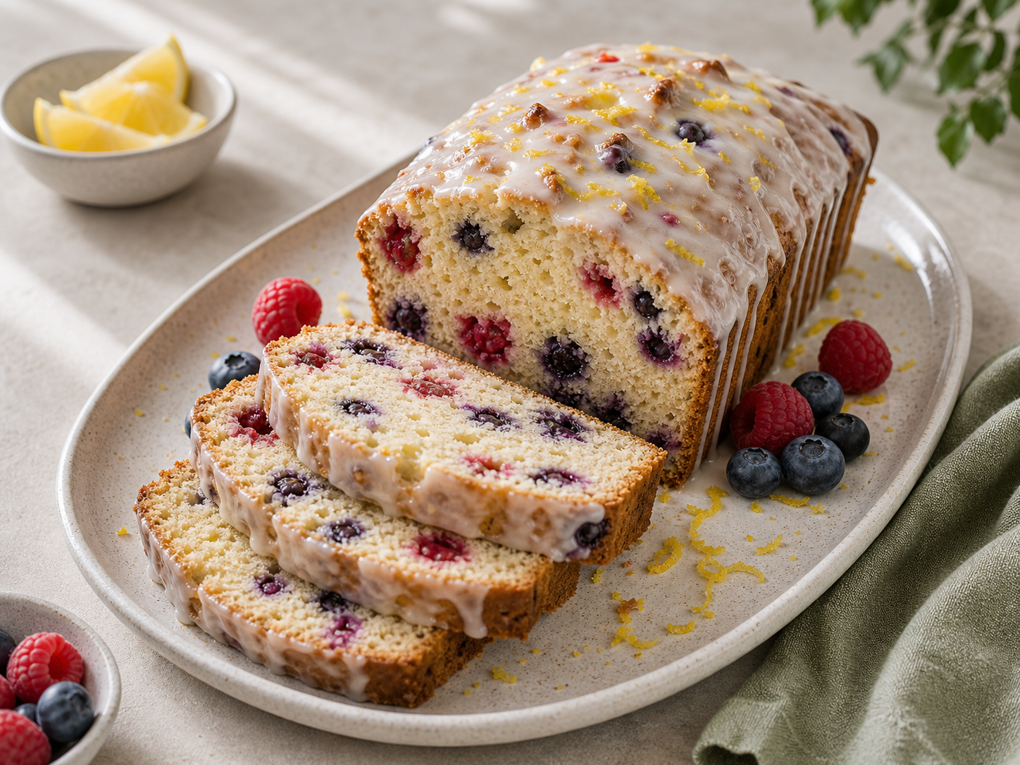 Greek Yogurt Lemon Berry Loaf served in premium editorial food styling