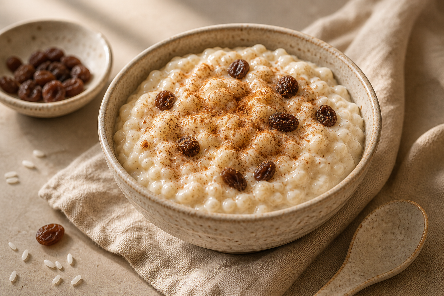 Healthy Rice Pudding with Cinnamon served with premium natural food styling