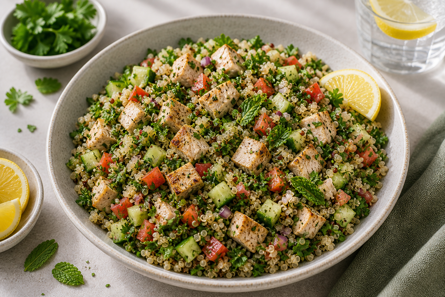 Herb Chicken Quinoa Tabbouleh served in premium editorial food styling