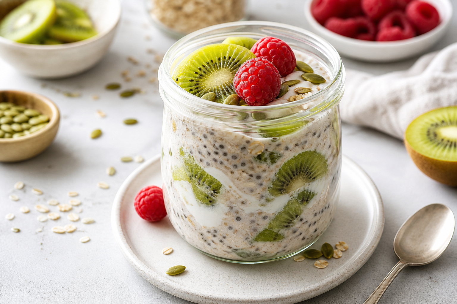High-Fiber Kiwi Overnight Oats served in premium editorial food styling