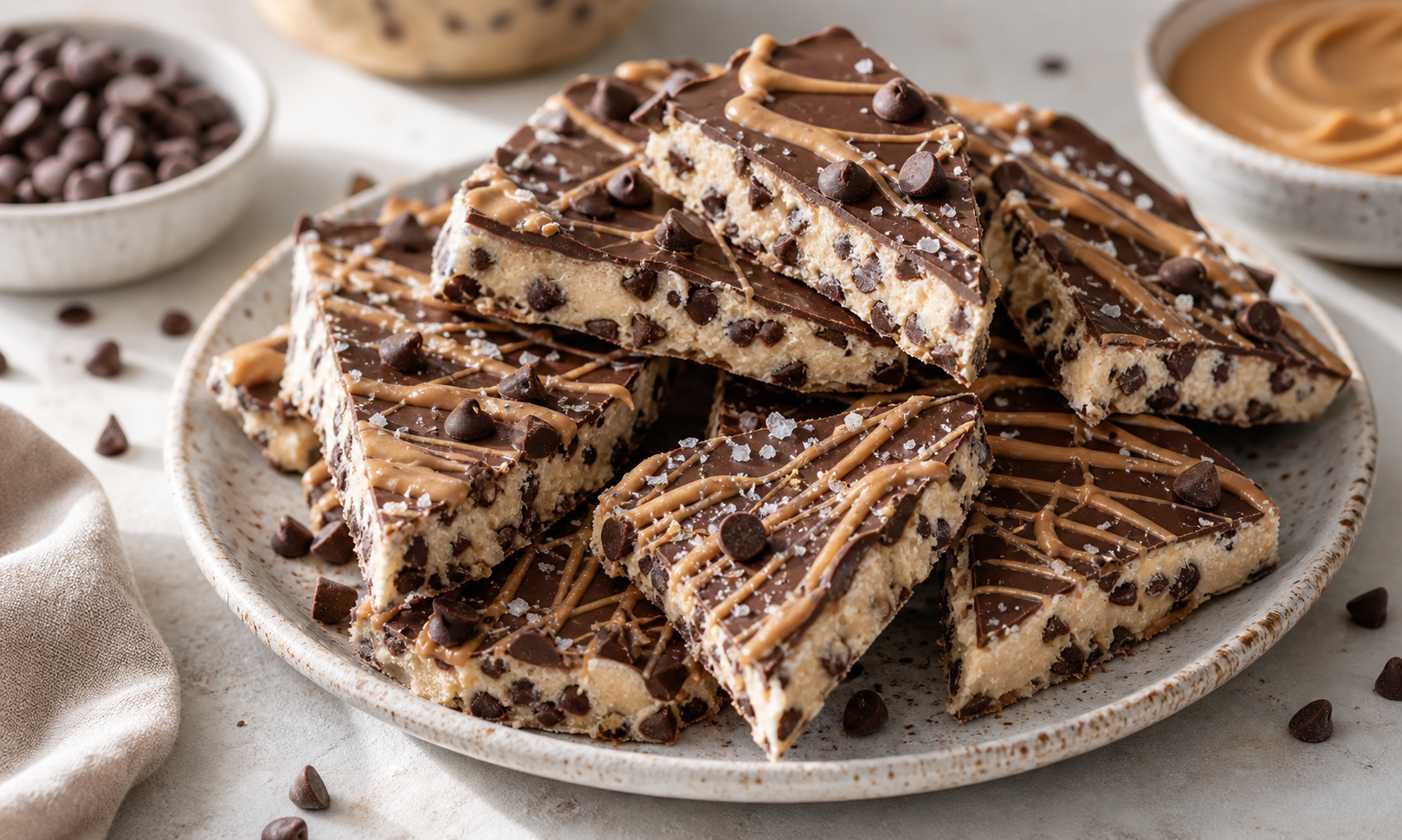 High-Protein Cookie Dough Bark served in premium editorial food styling